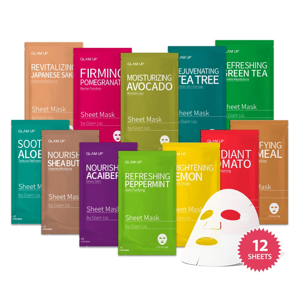 GLAM UP Premium Facial Sheet Mask 12 Combo (Pack of 12) | Face Masks Skincare, Hydrating Face Masks, Moisturizing, Brightening and Soothing, Beauty Mask For All Skin Type Variety Beauty Mask Set
