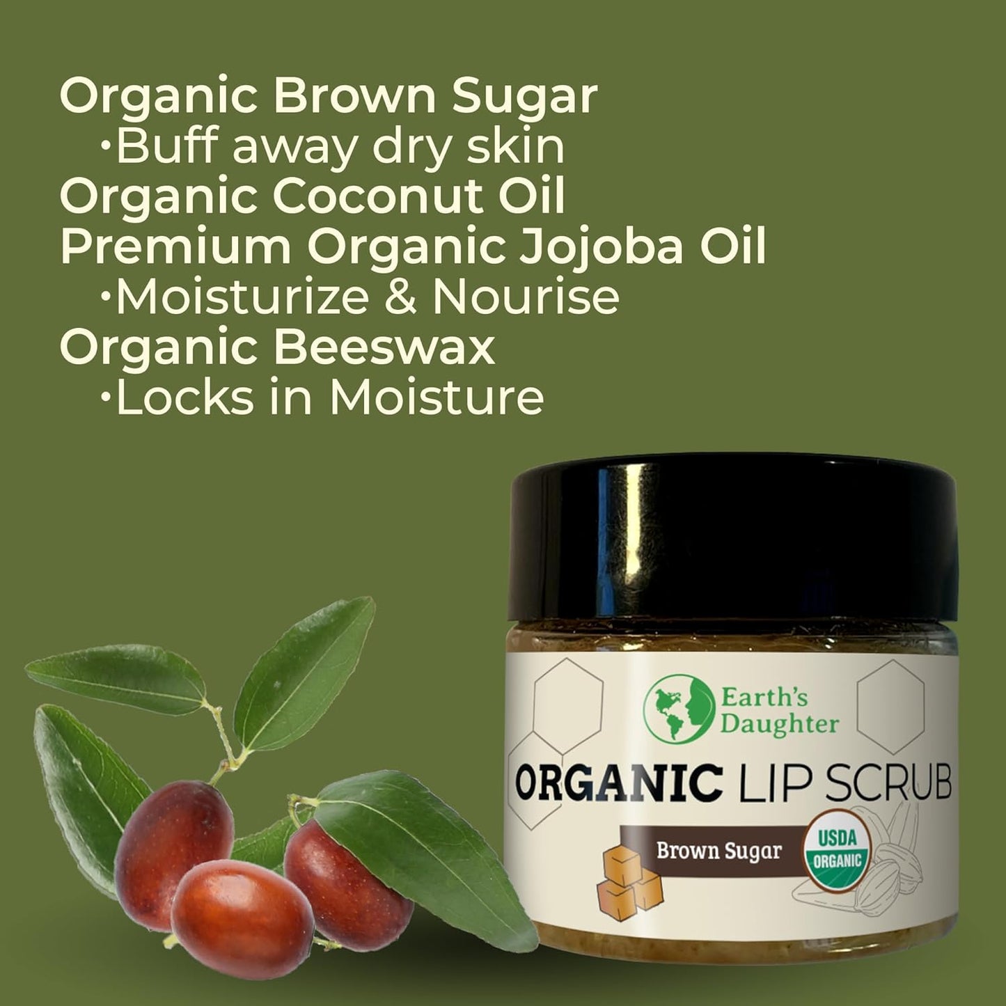 Organic Brown Sugar Lip Scrub – 0.7oz – USDA Organic, Fair Trade, Brown Sugar, Jojoba Oil, Beeswax, Coconut Oil