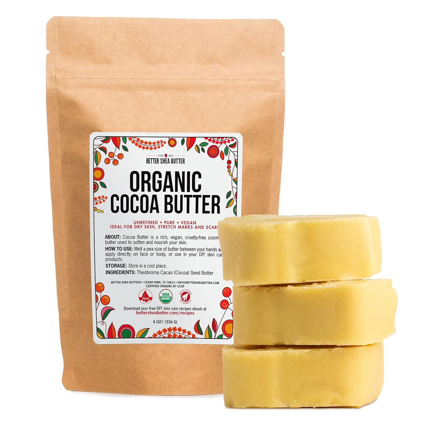 Better Shea Butter Organic Cocoa Butter Raw Unrefined - Food Grade USDA Certified - Cocoa Butter for Scars, Stretch Marks Cream - 100% Cocoa Butter Raw Organic for Skin Moisturizer, Lip Balm 8 oz