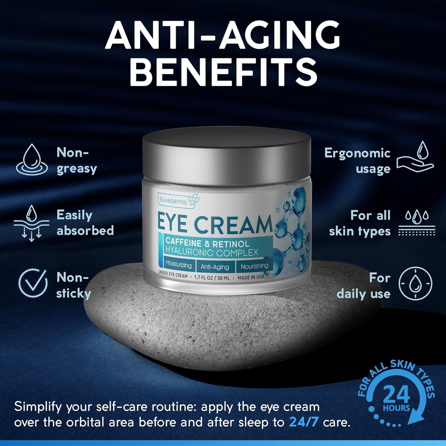 NUVADERMIS Caffeine Eye Cream - Retinol & Hyaluronic Complex - Anti Aging, 1.7 oz - Made in USA